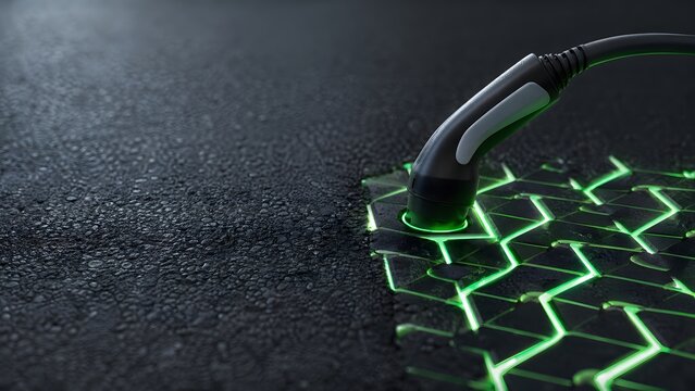 A close-up view of a black cable charging a futuristic green-lit mousepad on a dark surface