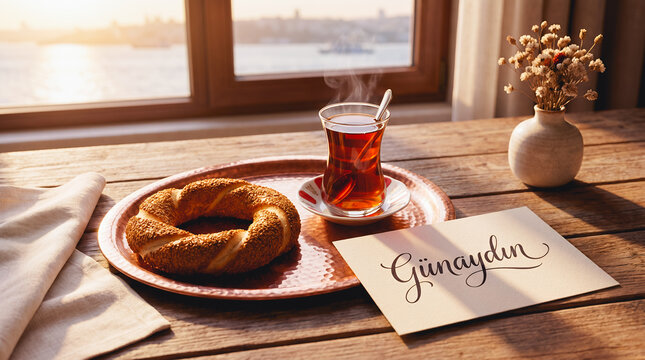 An elegant Turkish good morning greeting, warm Turkish tea in a tulip-shaped glass, fresh simit bread, cozy golden morning sunlight, and the clear and easy-to-read "G&uuml;naydin."