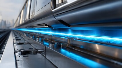 Obraz premium A futuristic train speeds along a sleek, blue-lit track in a cityscape, showcasing modern transportation technology.