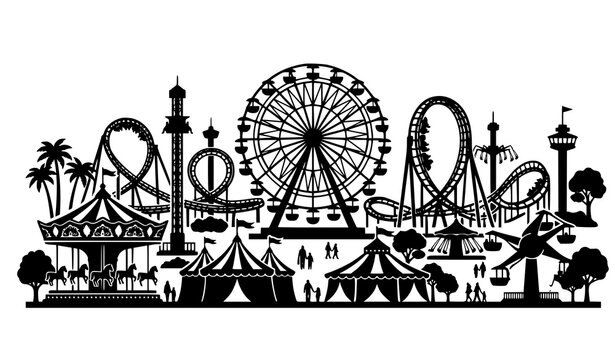 Amusement park silhouette vector landscape with roller coaster ferris wheel and carousel carnival festive illustration set
