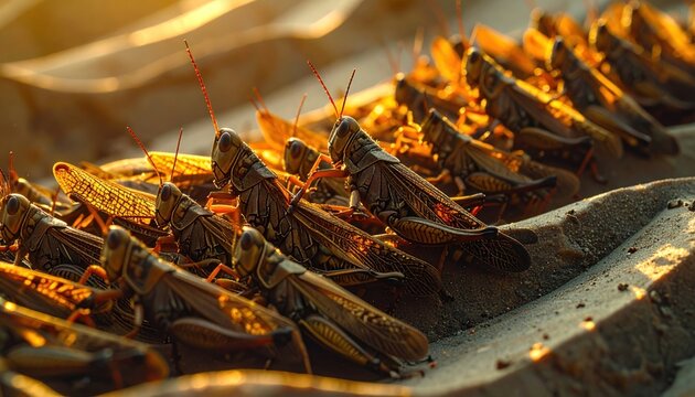 Group of grasshoppers basking in sunlight. Close-up on insect detail