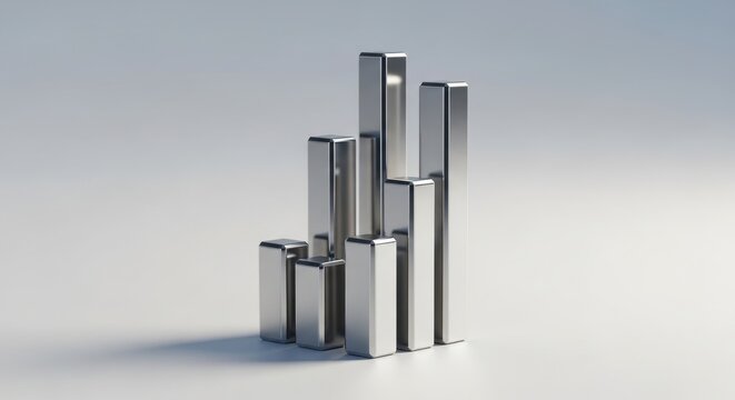 Dynamic, polished 3D rendered silver metallic bar graph columns in a