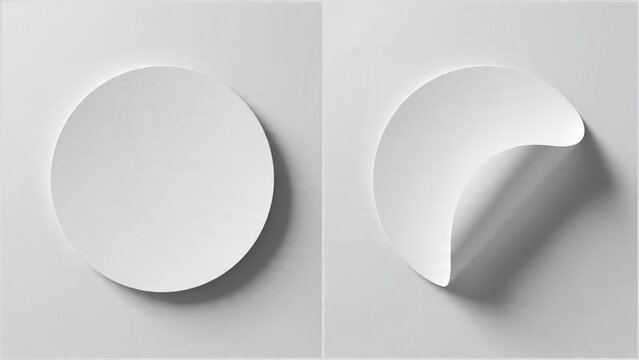 White circular paper sticker peel mockup on clean background with soft shadow, concept for label design, badge presentation