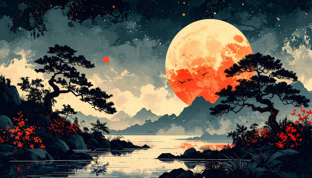 ukiyo-e style illustration of moonlit night for design use