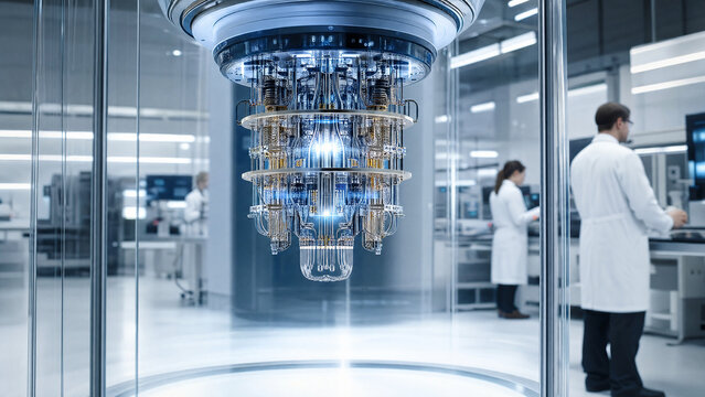 Quantum computer hardware in laboratory setting with scientists