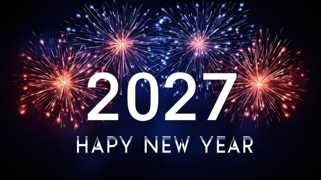 Celebratory scene features brilliant fireworks illuminating the night sky above text announcing the year two thousand twenty seven