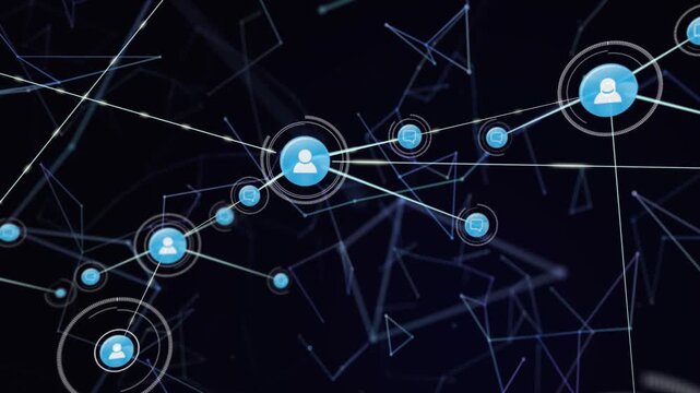 Initial pulsing blue avatar node expanding and drawing lines, connecting nodes for showing network