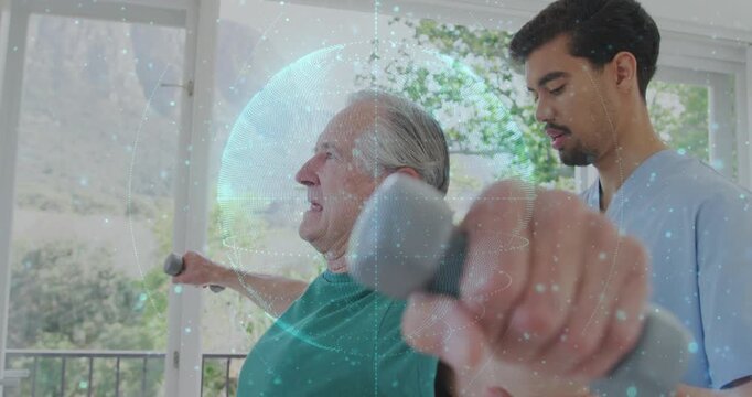 Senior man doing side dumbbell raises for therapy, PT cueing while blue holo overlay monitors