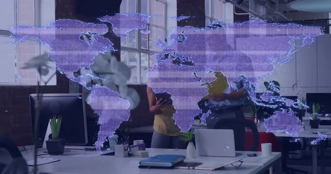 Woman showing device and man showing folder, holographic map pulsing, enabling tech data alignment