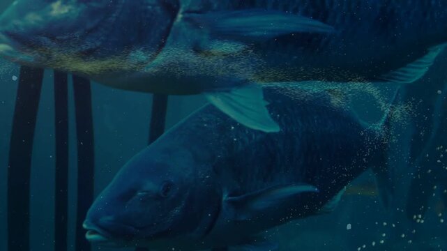 Two dark-blue fish moving forward, displacing plankton into looping ribbon and revealing kelp