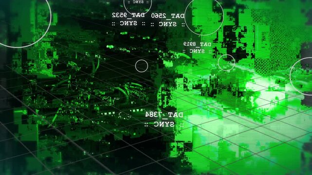 Vertical video: HUD pinging gloved tech syncing rack with tester in server, white mouse, copy space