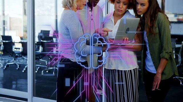 Four colleagues touching laptop and activating brain circuitry overlay in glass meeting for AI