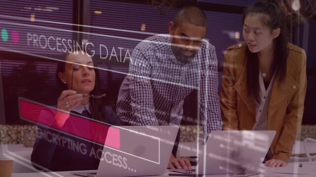 Three colleagues responding to overlay with progress bar, recovering database while man typing