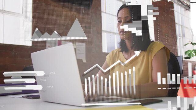 Mature woman typing on laptop starting animated charts overlaying bar line gauges for business