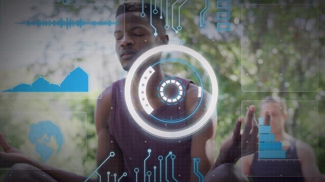 Foreground man meditating HUD appearing over chest rotating disk charts measuring focus