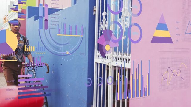 Man entering left and pushing bike while tapping phone, activating technology charts across gate
