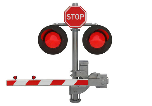 Red railway crossing signal lights with stop arm extended