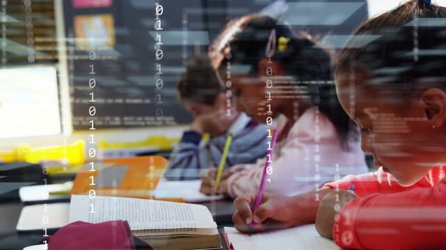 Front row girl writing in school with peers as binary code overlay appearing, showing tech learning