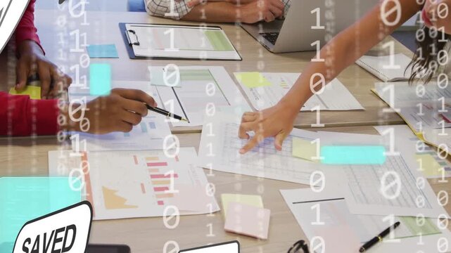 Man pointing woman tapping sheet causing UI overlays and binary flow briefly during business review