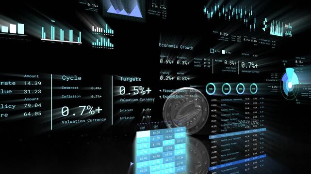 Floating data panels updating after camera flight, coin spinning in, settling, highlighting value