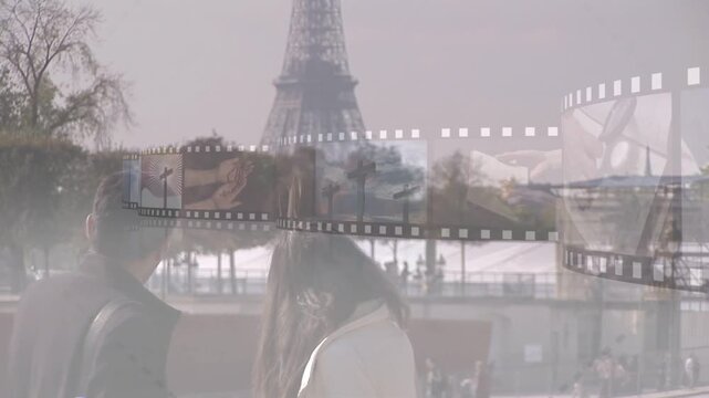 Couple smiling in Paris, filmstrip sweeping midline over them and showing Eiffel Tower for travel
