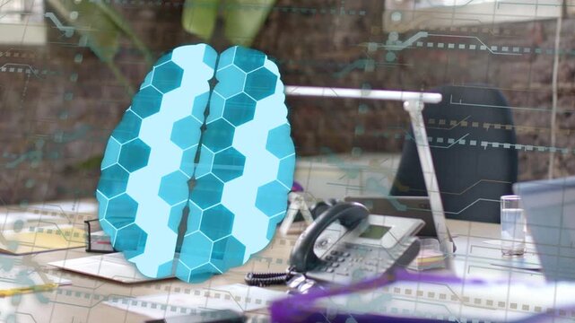 Stylized blue brain-shaped graphic popping into view, rotating and pulsing, revealing desk details