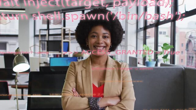 Woman keeping arms-crossed in IT lounge smile widening as pink code overlay showing ACCESS_GRANTED