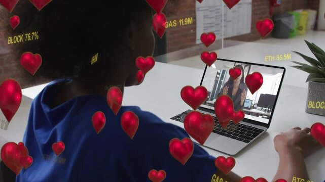 Woman watching laptop, remote speaker speaking and floating crypto hearts and tags showing likes