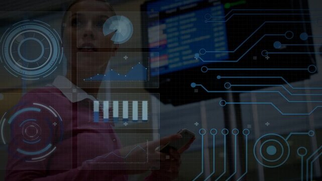 Woman checking phone for flight info and glancing at flight board at airport, HUD data updating