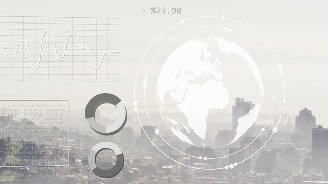 Translucent globe brightening emitting rings, nodes, causing line donut bar pie forming for data