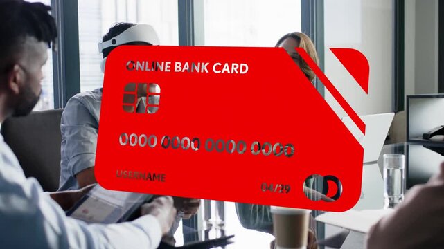 Finance team at glass table, red online bank card sliding, glitching, revealing VR user reviewing