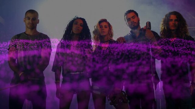 Band standing on music stage, purple band rising-sweeping torsos with vintage mic causing shifts