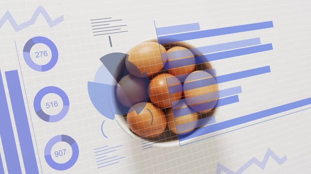 On start ceramic bowl and data charts animating pie wedge rotating bars sliding visualizing metrics