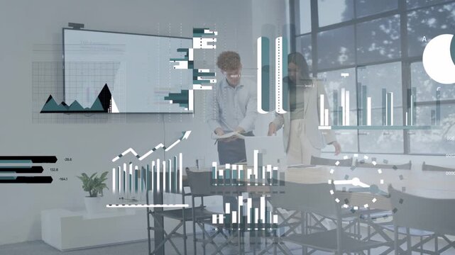Woman and man pair opening laptop activating animated charts over screen fading for business review