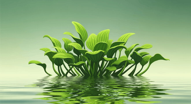 Vector illustration of vibrant green aquatic plants with broad leaves and stems floating on calm water surface with rippled reflections against a soft green gradient background.