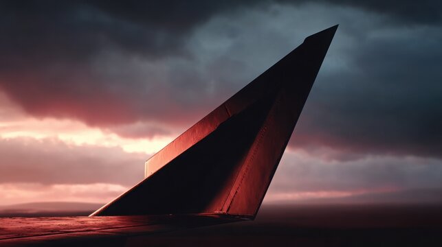 A close-up view of a supersonic fighter jet's sharp wingtip angled against a dramatic, cloudy twilight sky at sunset.