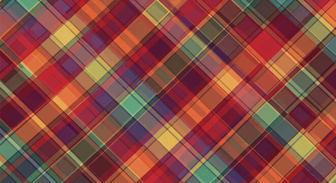 Multi-colored diagonal tartan plaid pattern featuring vibrant intersecting stripes in red, orange, yellow, purple, and green with a subtle woven fabric texture background.