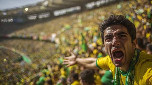 A passionate Brazilian football fan screams in excitement while wearing a yellow jersey at a high energy sports match
