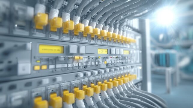 Organized network patch panel with numerous yellow fiber optic connectors in a server room