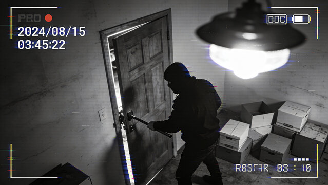 CCTV footage reveals a shadowy figure attempting a brazen lock picking in a deserted urban setting
