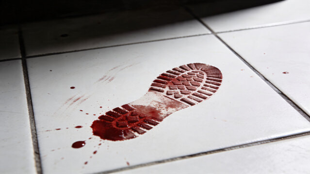 Slow motion low angle closeup glides over blood stained boot print, footprint pattern stamped on wood flooring. Trace of criminal intruder leaving the crime scene of violent break-in in dimly lit room
