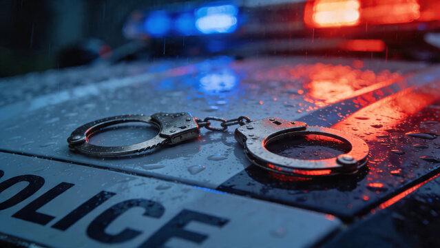 Close-up of metallic handcuffs under red and blue lights, suggesting law enforcement or criminal justice themes. The scene evokes suspense and tension with its dark backdrop.