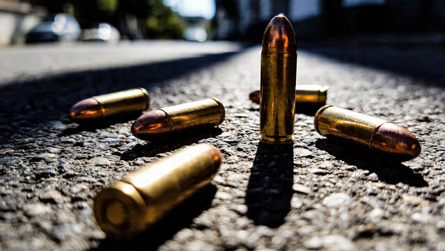 Detailed macro of empty 45 auto bullet casing lying on wet asphalt road at night. Forensic ballistic evidence after shooting. Crime concept with copy-space.