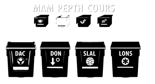 MAM PEPTH COURS Waste Segregation Bins Set with Color-Coded Labels DAC, DON, SLAL, LONS for Environmental Education and Sustainable Living
