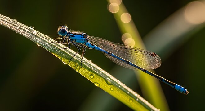 Blue damselfly on green leaf stem.