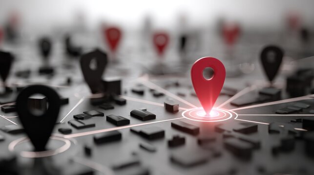 Prominent glowing destination marker stands out among several dark location pins on a miniature cityscape representation