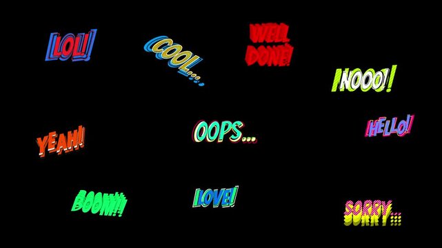 Colorful comic speech bubbles on black.