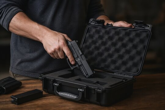 hand placing black handgun into protective hard case for secure storage and transport