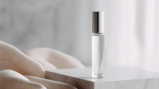 Elegant clear glass perfume roller bottle with silver cap on a minimalist surface