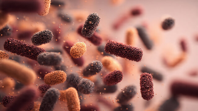 3D rendered rod-shaped bacteria with textured granular surfaces in burgundy gray and gold tones floating on soft pink background, concept for